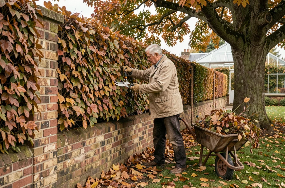 Homme taillant une haie en automne avec un sécateur dans un jardin traditionnel