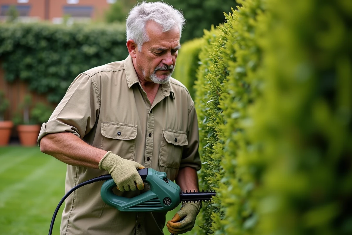 Homme utilisant un taille-haie électrique pour tailler une haie de buis dans un jardin entretenu