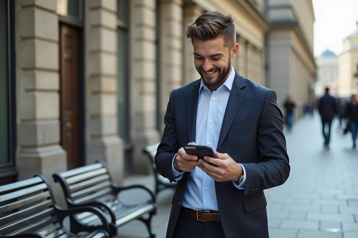 Jeune homme consultant des annonces immobilières en ville