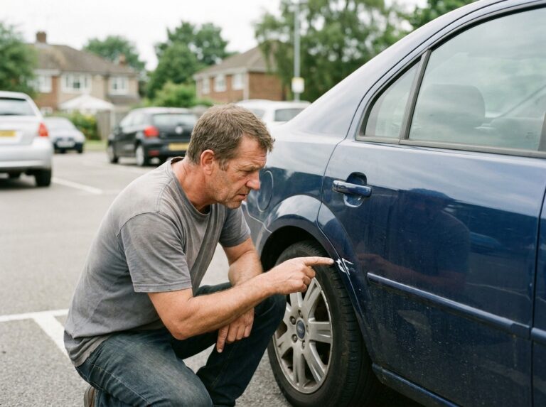 Homme inspectant les rayures et défauts de peinture sur la carrosserie d'une voiture avant la revente
