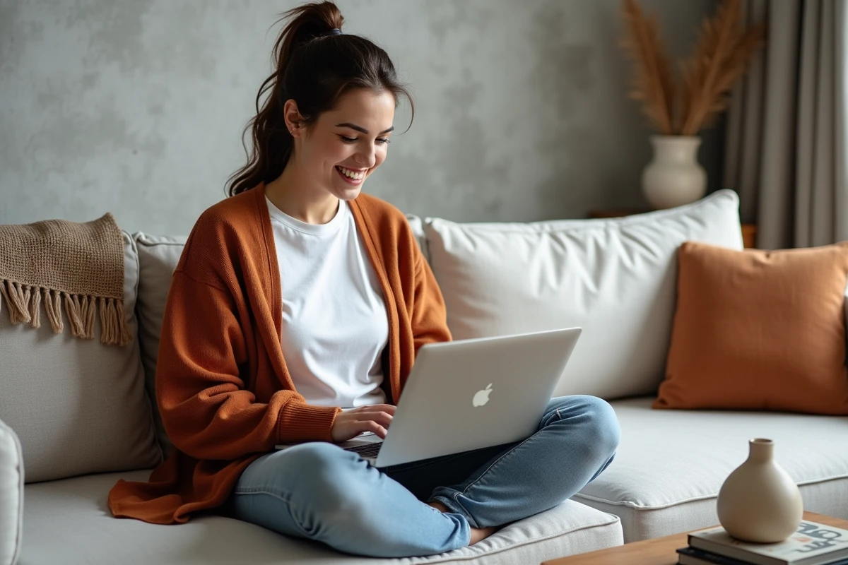 Jeune femme explorant le plan du site News Déco sur un ordinateur portable depuis son canapé