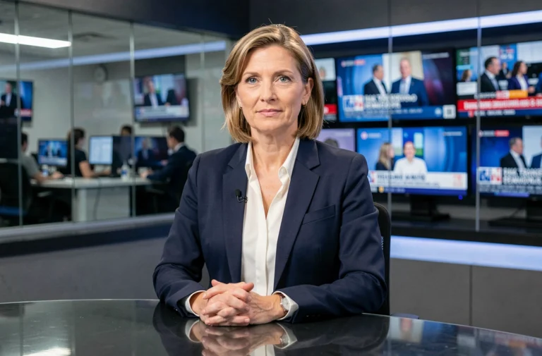 Journaliste professionnelle en blazer marine assise au bureau d'un plateau de télévision avec des écrans d'information en arrière-plan