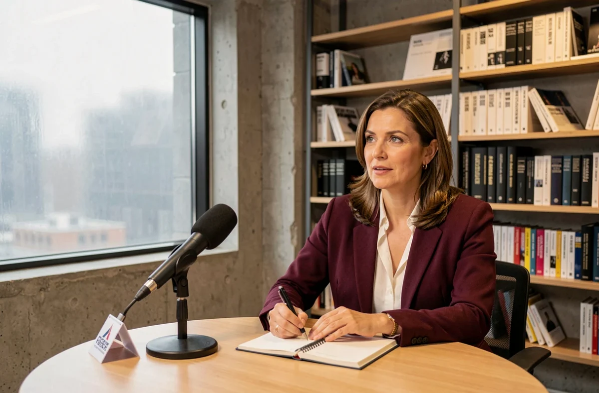 Journaliste en blazer bordeaux conduisant une interview dans un bureau éditorial minimaliste avec des étagères de presse en arrière-plan