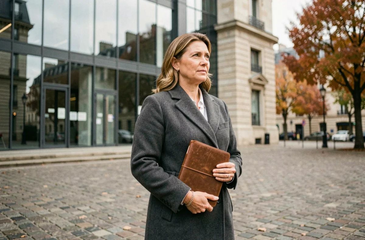 Journaliste française tenant un carnet devant un bâtiment médiatique contemporain aux façades en verre à Paris en automne