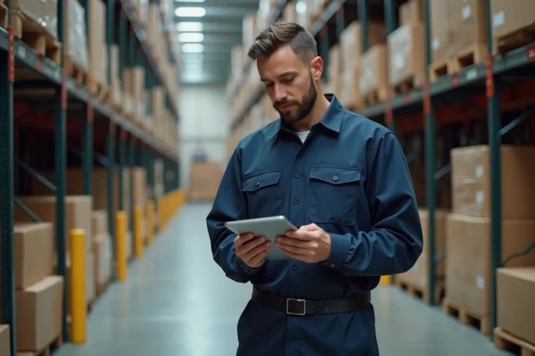 Magasinier consultant une tablette numérique dans un entrepôt organisé avec des rayonnages métalliques