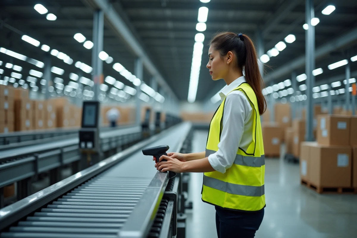 Femme magasinière scannant des colis sur une chaîne logistique automatisée dans un centre de distribution moderne