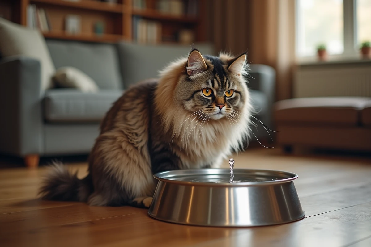 Chat Maine Coon adulte assis près d'une fontaine à eau en inox dans un salon cosy