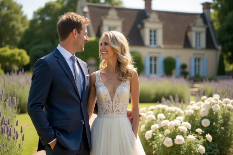 Couple élégant lors d'un mariage champêtre en France, mariée en robe de soie ivoire et marié en costume bleu marine dans un jardin fleuri