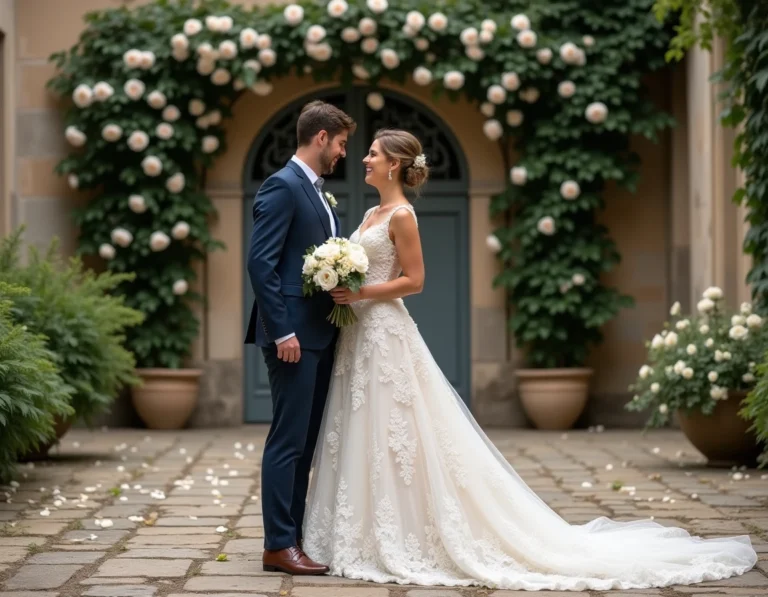 Mariés élégants devant un château français classique lors d'un mariage inoubliable en France