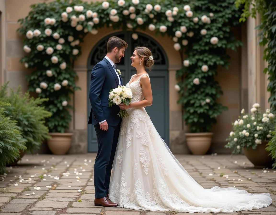 Mariés élégants devant un château français classique lors d'un mariage inoubliable en France