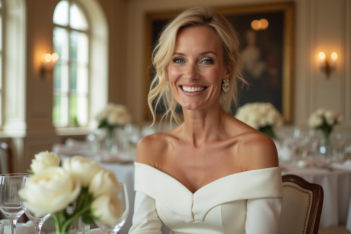 Mariée souriante assise à une table de réception décorée dans une salle de mariage parisienne classique avec des bougies et des pivoines blanches
