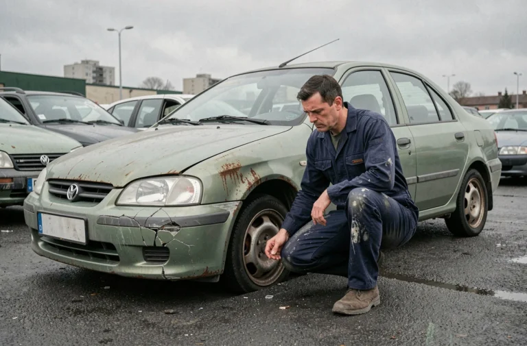 Mécanicien inspectant une voiture d'occasion en mauvais état dans un parking de concessionnaire