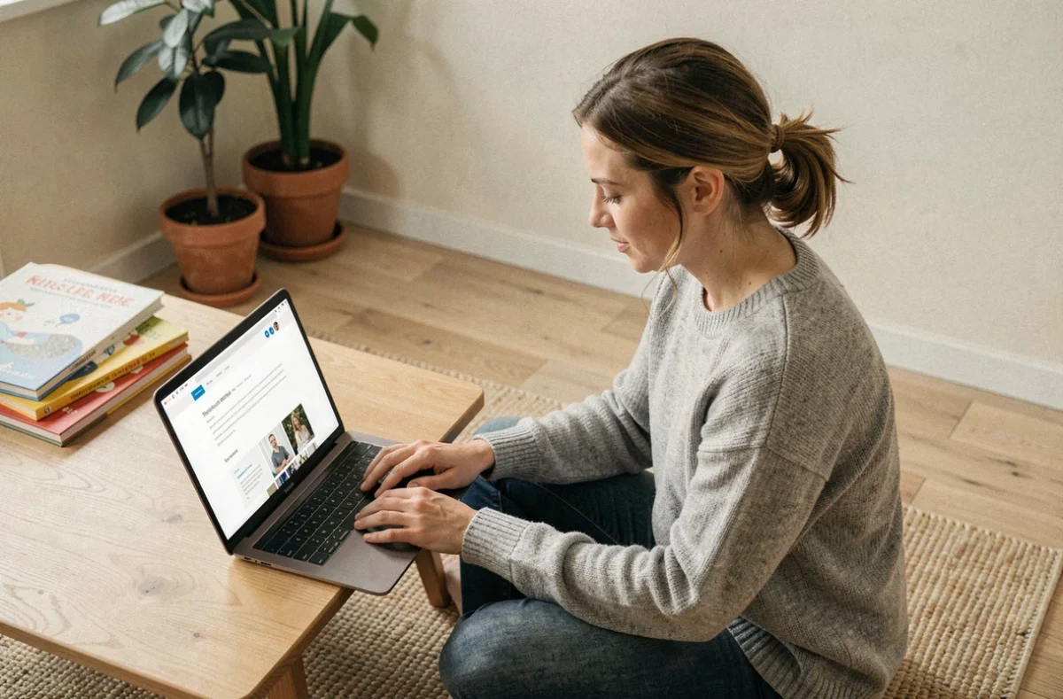 Mère consultant un plan de site parental sur son ordinateur portable dans un salon familial chaleureux