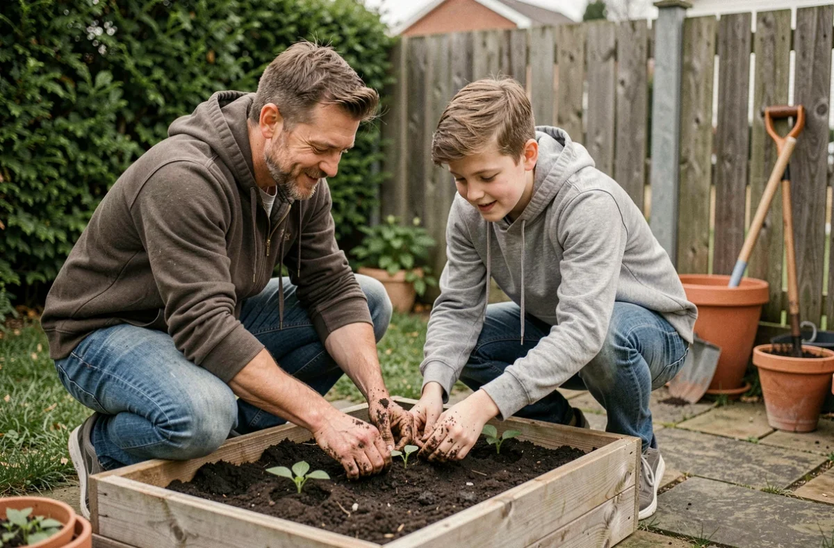 Père et fils adolescent jardinent ensemble dans un potager familial, renforcement des liens père-fils par une activité manuelle partagée