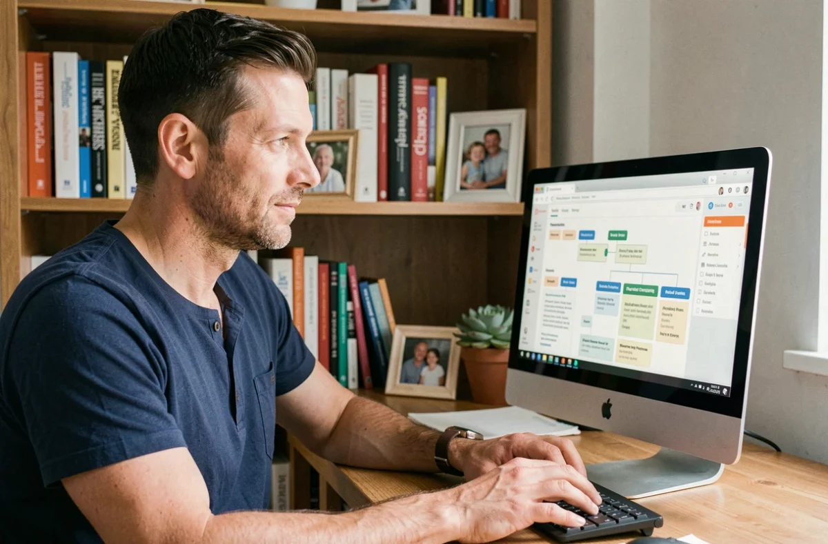 Père recherchant des ressources parentales via le plan du site sur un ordinateur de bureau à domicile