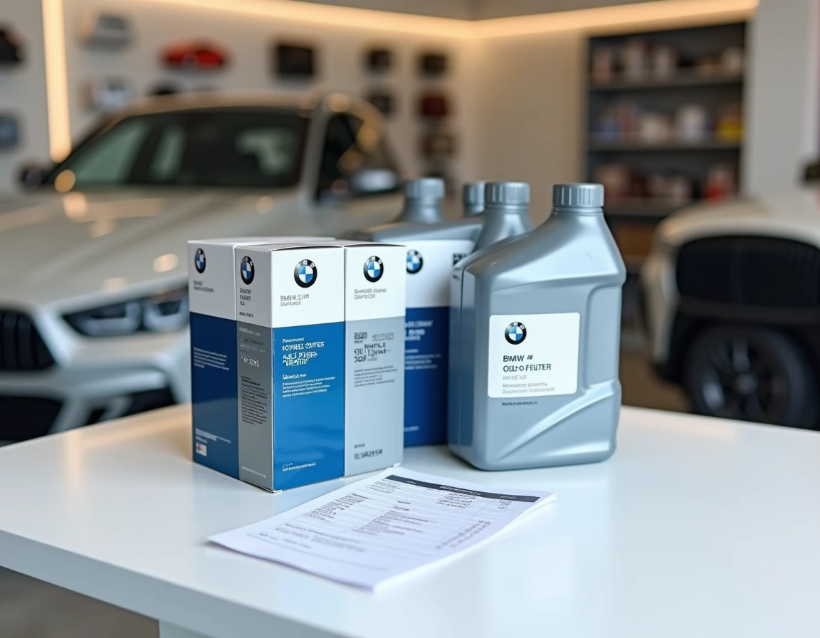 Huile moteur synthétique et filtre à huile BMW avec devis de vidange sur un comptoir de pièces automobiles
