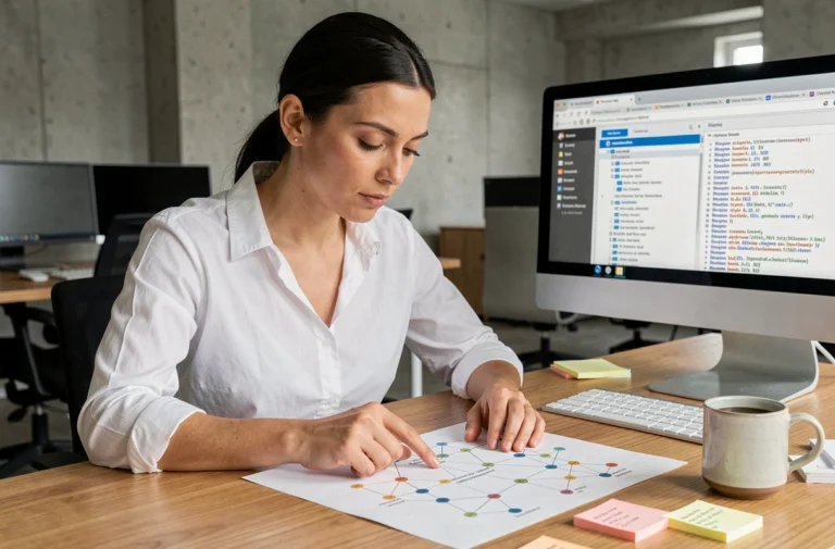 Une professionnelle du référencement naturel analyse un schéma de sitemap imprimé sur son bureau dans un bureau moderne