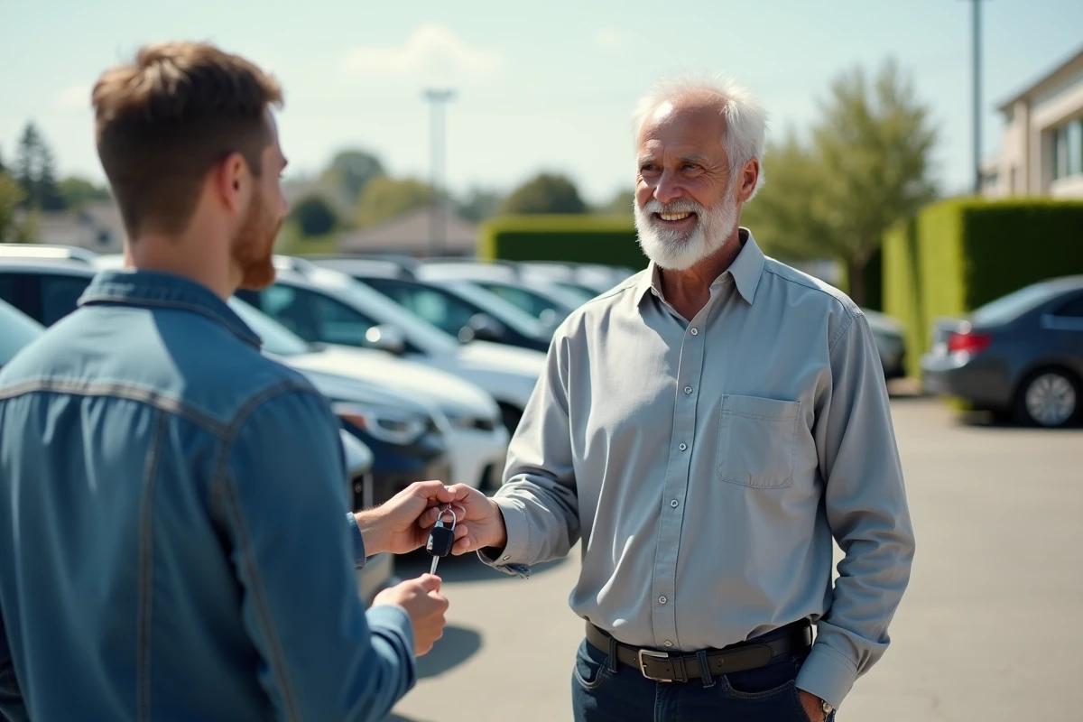 Remise des clés lors d'une vente de voiture accompagnée par un professionnel dans un parc automobile