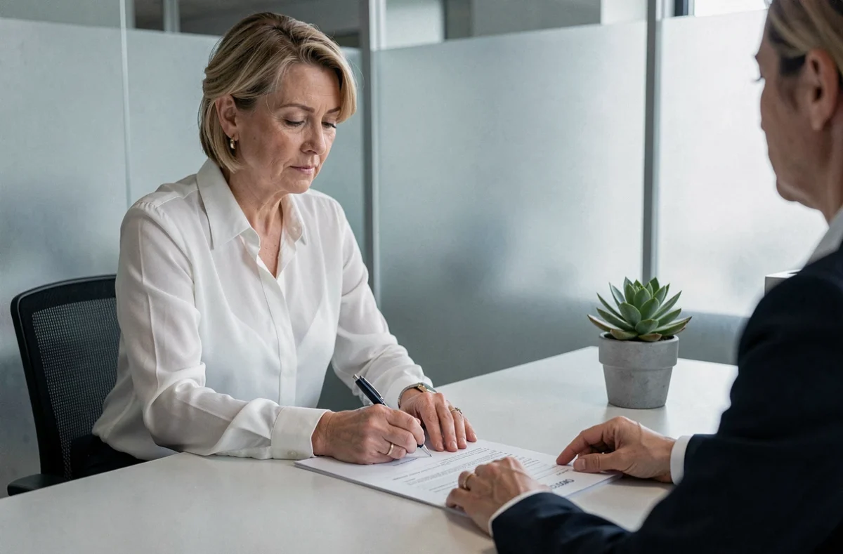 Femme signant un contrat de prêt immobilier dans une banque, symbolisant le financement et les démarches administratives d'un projet immobilier