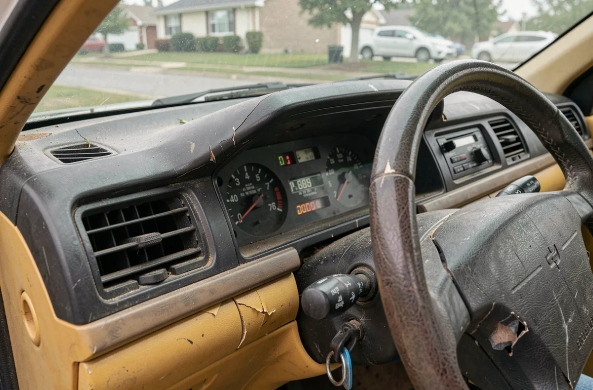 Tableau de bord détérioré d'une voiture d'occasion avec plastiques fissurés et volant usé