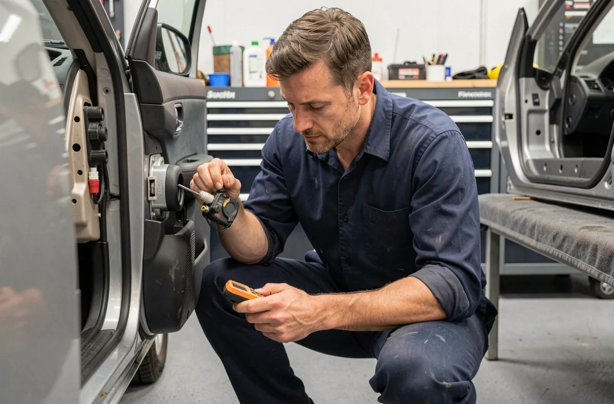 Technicien automobile inspectant un actionneur de fermeture centralisée sur une portière de voiture dans un garage professionnel