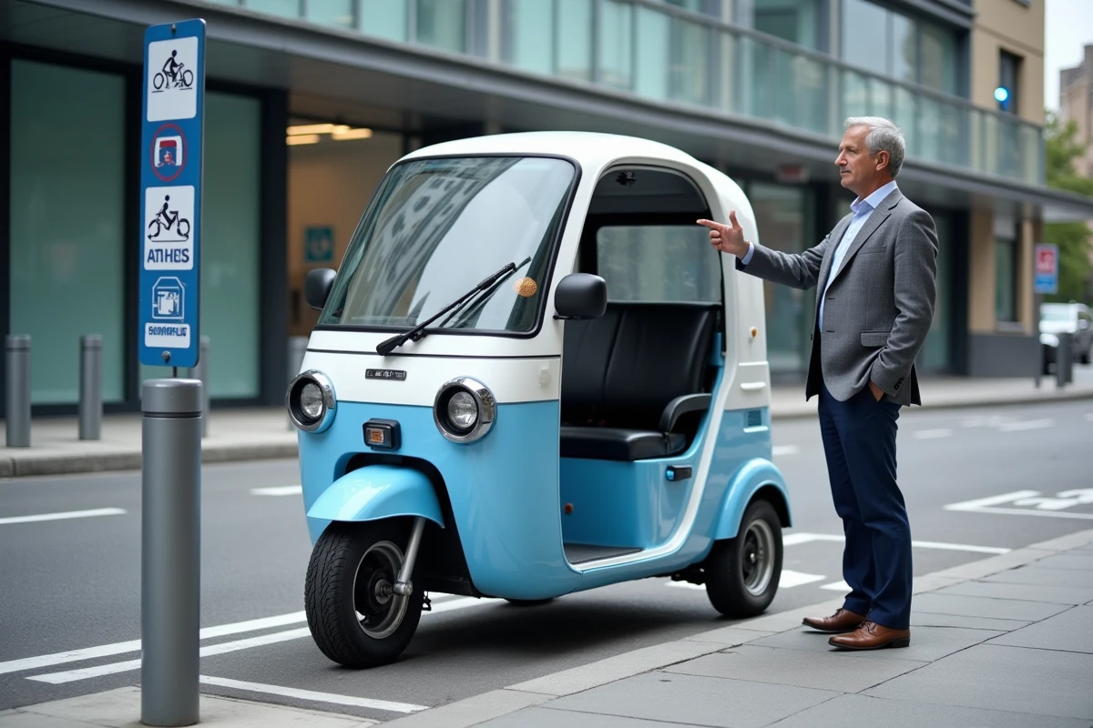 Tuk tuk électrique blanc garé dans une zone de mobilité urbaine française avec un responsable municipal
