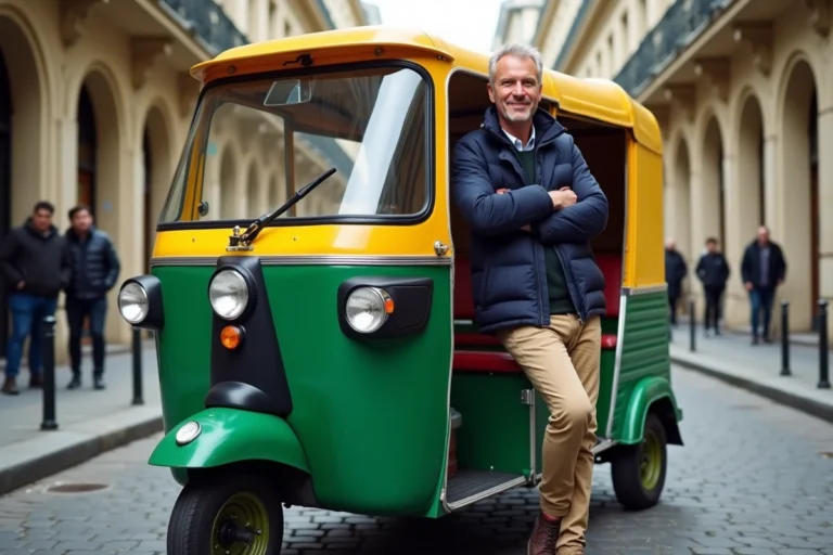 Tuk tuk jaune et vert garé sur une rue pavée parisienne avec un conducteur appuyé contre le véhicule