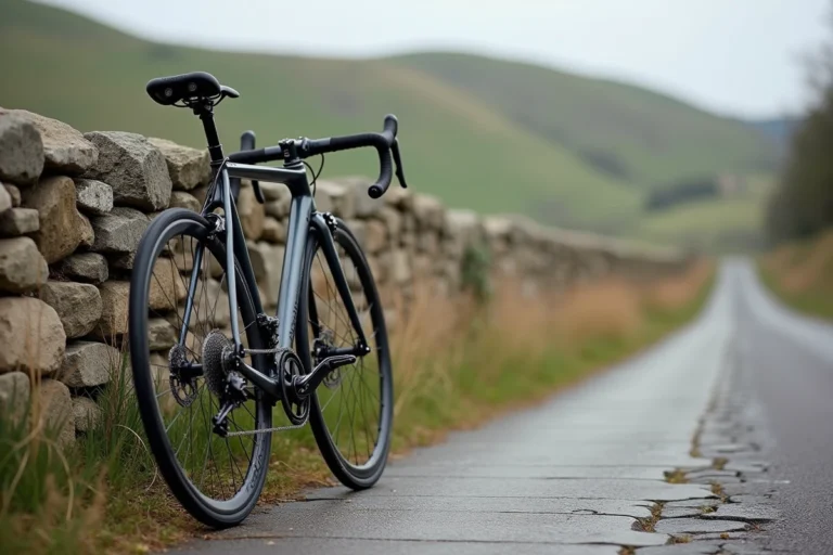Vélo Scott Speedster 60 appuyé contre un mur en pierre sur une route rurale française, vue 3/4 au niveau du sol