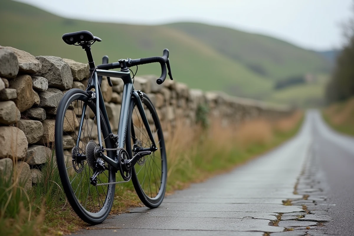 Vélo Scott Speedster 60 appuyé contre un mur en pierre sur une route rurale française, vue 3/4 au niveau du sol