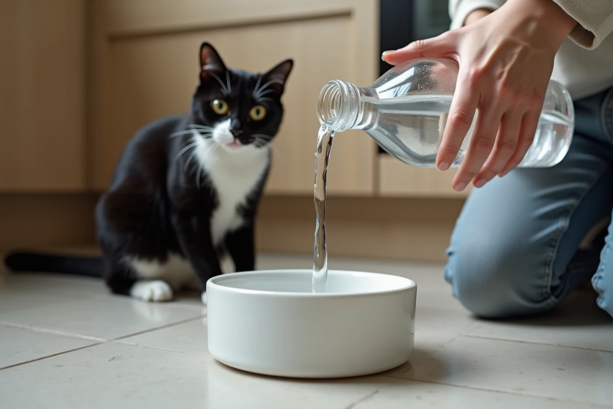 Femme versant de l'eau minérale en bouteille dans une gamelle en céramique pour son chat