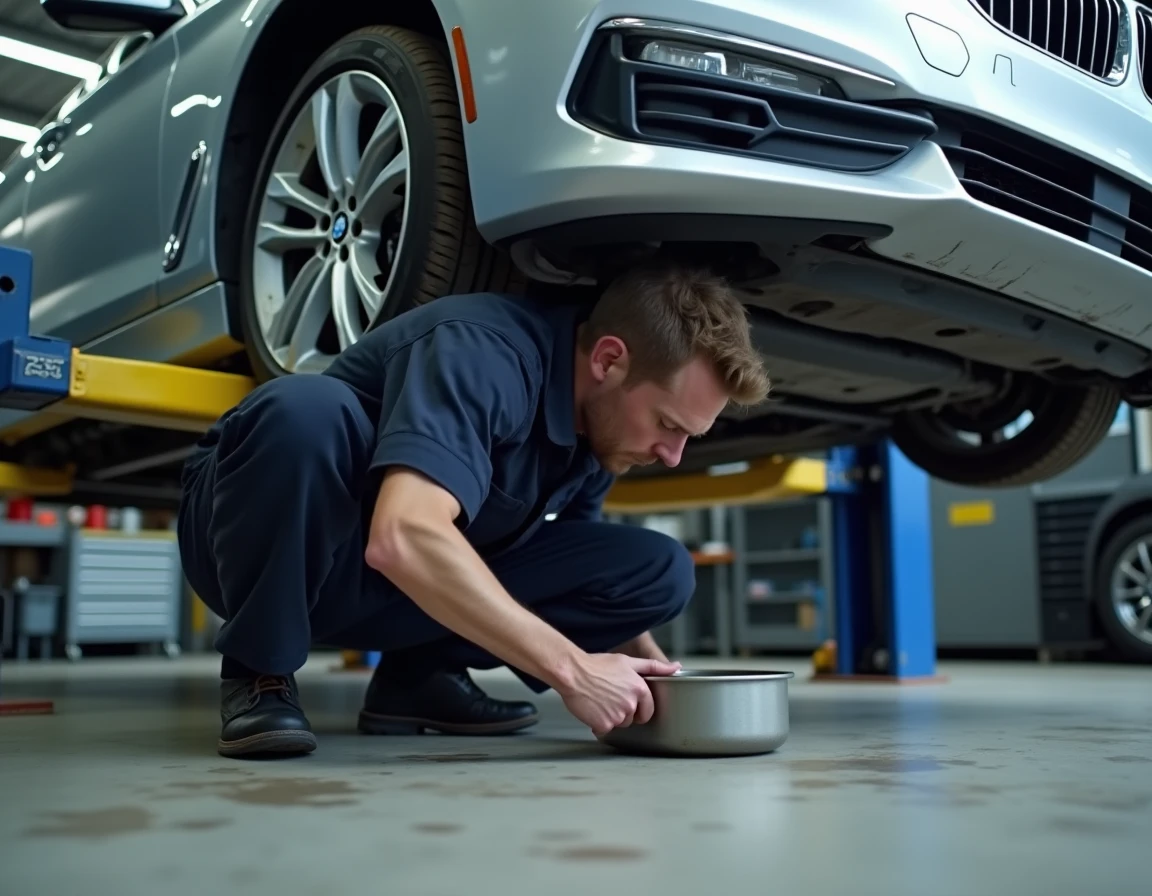Mécanicien effectuant la vidange d'une BMW sous un pont élévateur dans un garage professionnel