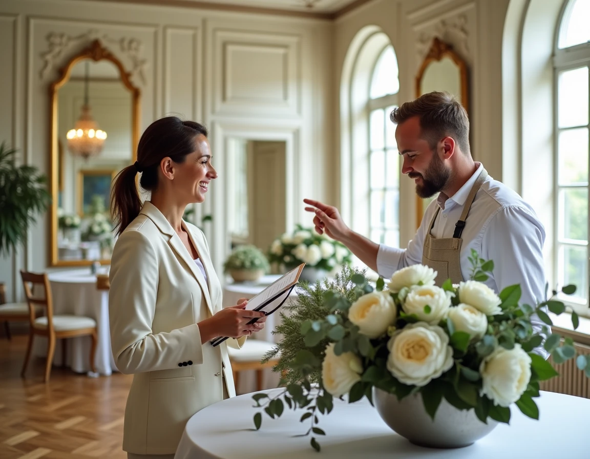 Wedding planner et fleuriste préparant les arrangements floraux dans une salle de mariage parisienne